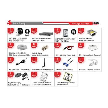 SESL� - 4 KAMERALI FULLHD GECE RENKL� VE I�IKLI G�VENL�K KAMERASI - KAMERA SET� 500GB D�SK