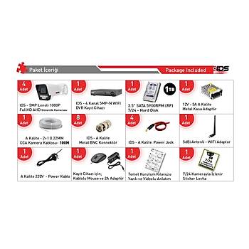 4 KAMERALI FULLHD 5MP LENSL� GECE G�R��L� 9 LED G�VENL�K KAMERASI SET� - 1TB