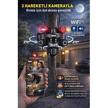 9MP Tam Hareketli 3 Kameral� WiFi G�venlik Kameras� - �akar LED -Sirenli - Hareket ve �nsan Alg�lama