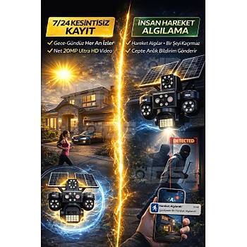 20MP Ultra HD 4 Lens Tam Kontrol G�ne� Enerjili Kamera Sim Kartl� Dual Led 12xZoom �akar Led Siren 