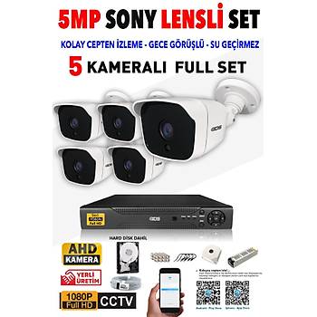 IDS - 5 Kameralı 5MP SONY Lensli 1080P FullHD Güvenlik Kamerası Sistemi - Cepten İzle - 500Dış