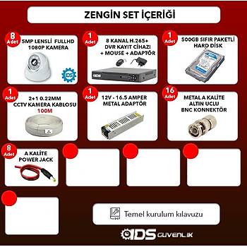IDS - 8 Kameral 5MP Lensli 1080P FullHD Gvenlik Kameras Sistemi - Cepten zle - 500 