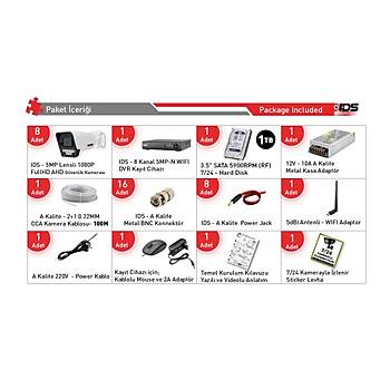 8 KAMERALI 5MP LENSL� 1080P FULLHD - GECE G�R��L� 9 LED G�VENL�K KAMERASI SET� - 1TB