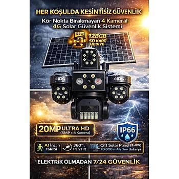 4 Lens 20MP Ultra HD Tam Kontrol Sim Kartl� G�ne� Enerjili Kamera 12xZoom �akar Led SD Kart Hediye