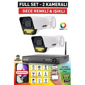 2 KAMERALI FULLHD G�VENL�K KAMERASI SET� - RENKL� GECE G�R��L� 9 LED - CEPTEN �ZLE - NOHDD