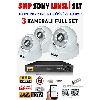 IDS - 3 Kameralı 5MP SONY Lensli 1080P FullHD Güvenlik Kamerası Sistemi - Hard Disksiz
