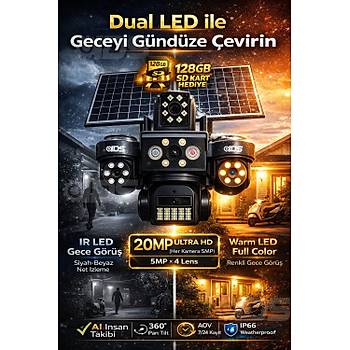 4 Lens 20MP Ultra HD Tam Kontrol Sim Kartl� G�ne� Enerjili Kamera 12xZoom �akar Led SD Kart Hediye