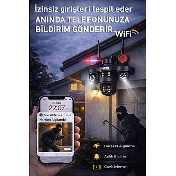 9MP Tam Hareketli 3 Kameral� WiFi G�venlik Kameras� - �akar LED -Sirenli - Hareket ve �nsan Alg�lama
