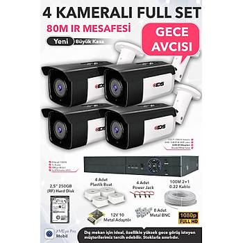 4 KAMERALI FULLHD 80M GECE G�R��L� G�VENL�K KAMERASI SET� - 250GB