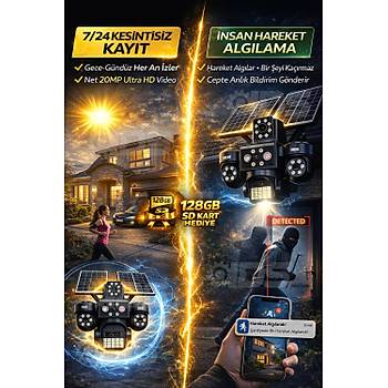 4 Lens 20MP Ultra HD Tam Kontrol Sim Kartl� G�ne� Enerjili Kamera 12xZoom �akar Led SD Kart Hediye