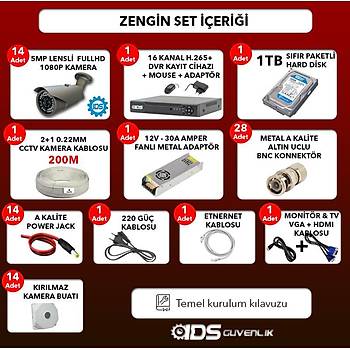 14 KAMERALI 5MP LENSL 1080P FULLHD KAMERA SET - GECE GRL - SU GERMEZ - CEPTEN ZLE
