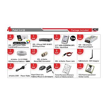 6 KAMERALI 5MP LENSL� FULLHD 1080P RENKL� GECE G�R��L� G�VENL�K KAMERASI SET� 9 LED - 1TB