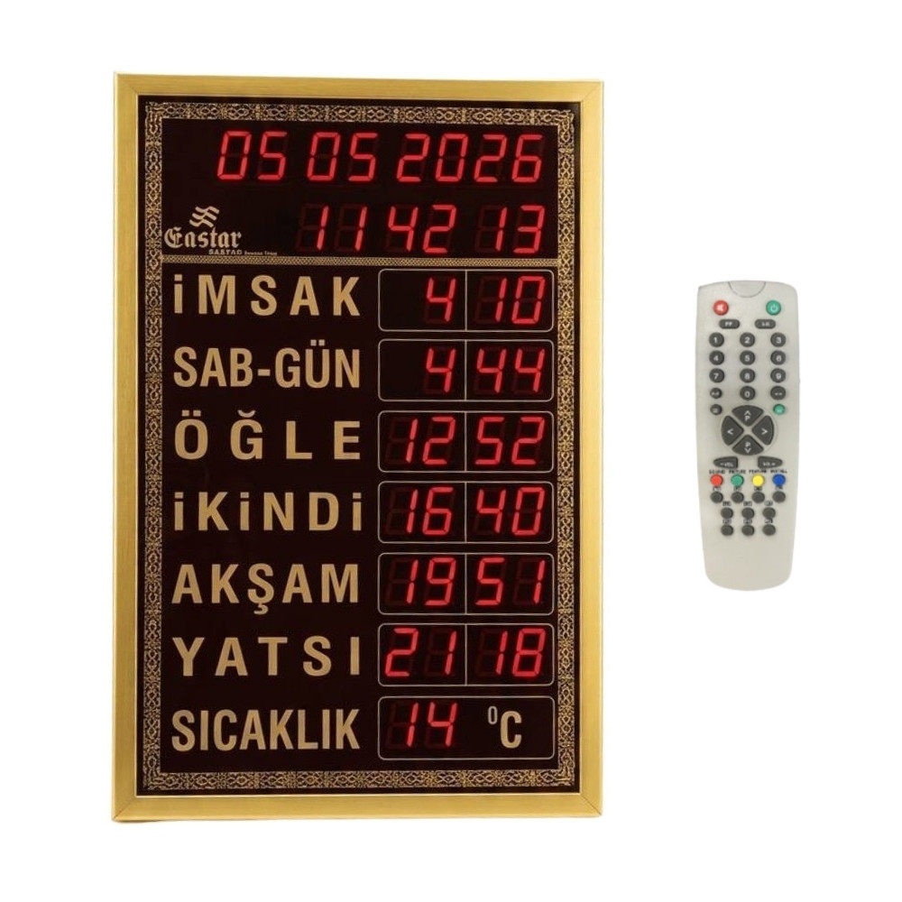 Eastar Namaz Vakitleri Saati Büyük Boy Kumandalı Gold Krom