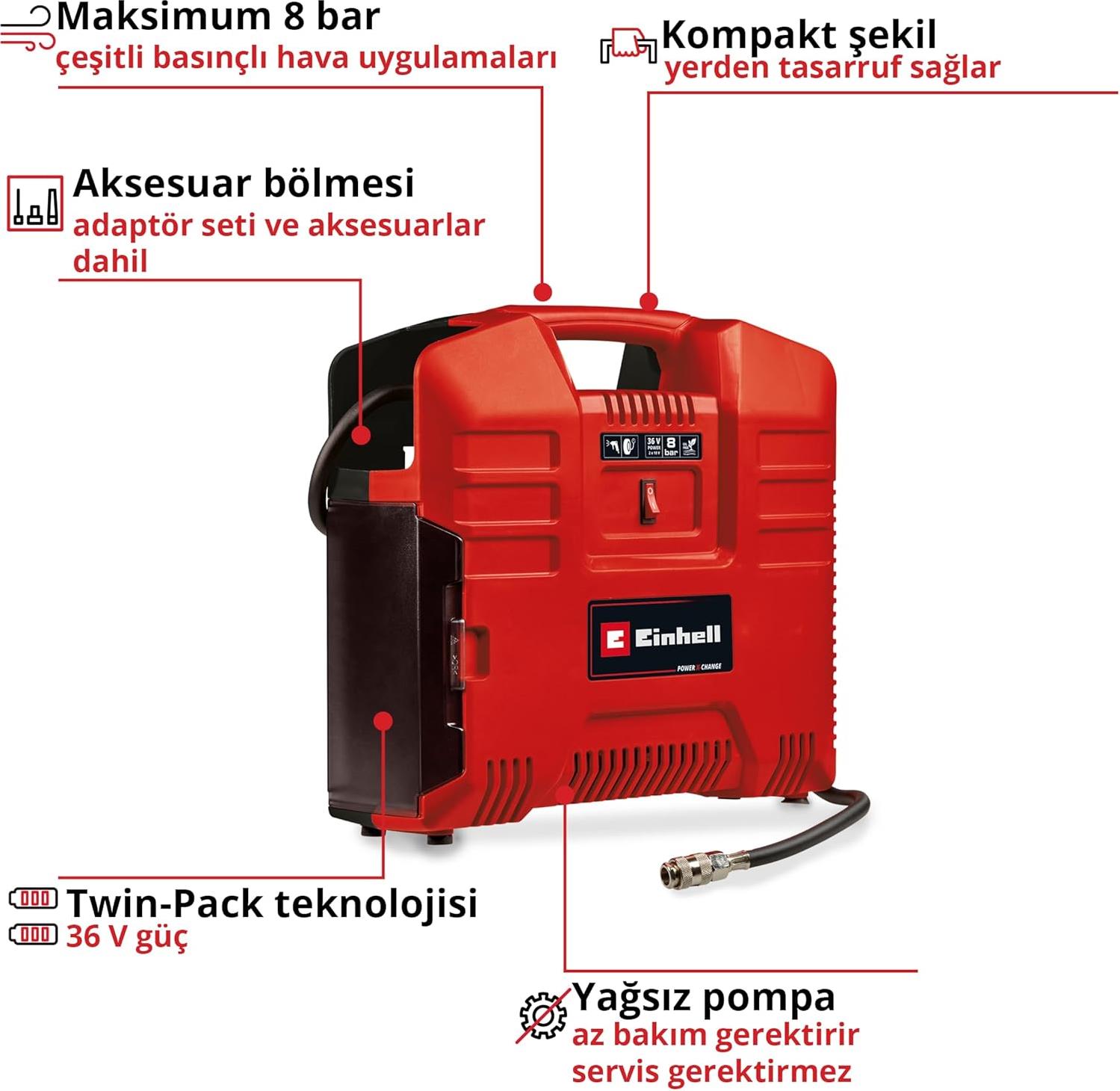 Einhell TE-AC 36/8 Li OF Set Akülü Kompresör - Çanta tipi 18V 2x2.5AH