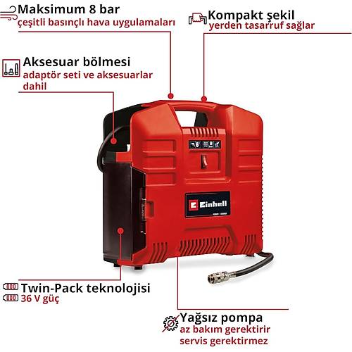 Einhell TE-AC 36/8 Li OF Set Ak�l� Kompres�r - �anta tipi 18V 2x2.5AH