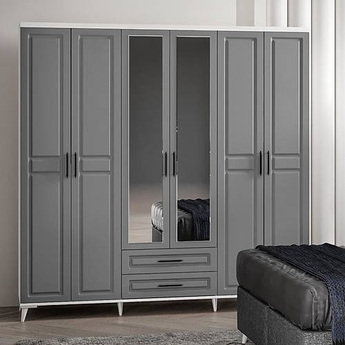 Seronay Mirea 6 Kapakl� Aynal� Antrasit-Beyaz Gard�rop