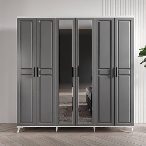 Seronay Lorin 6 Kapakl� Aynal� Antrasit-Beyaz Gard�rop