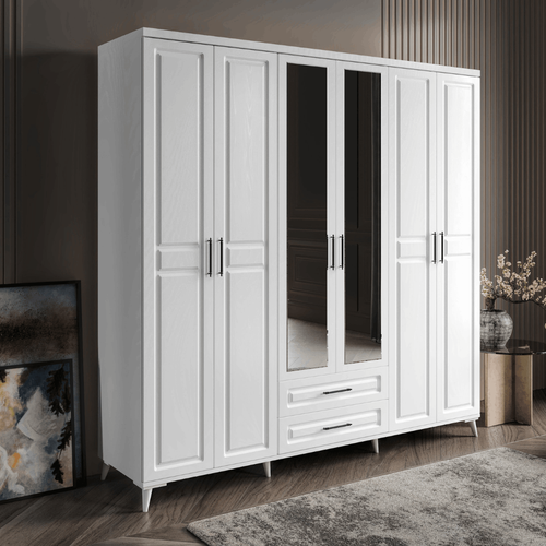 Seronay Mirea 6 Kapakl� Aynal� �ekmeceli Beyaz Gard�rop