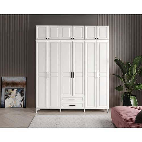 Seronay Mirea 6 Kapakl� 2 �ekmeceli Y�kl�kl� Beyaz Gard�rop