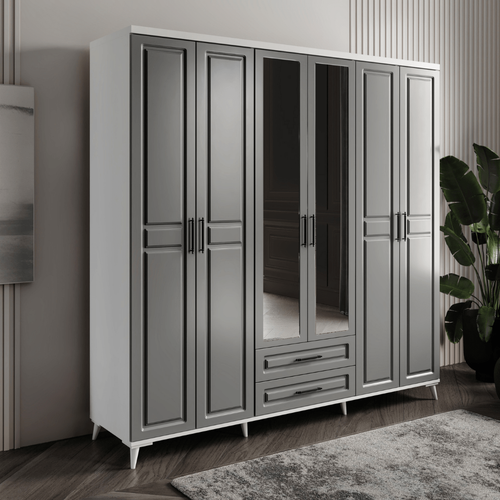 Seronay Mirea 6 Kapakl� Aynal� Antrasit-Beyaz Gard�rop