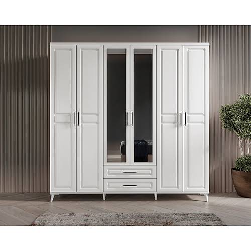 Seronay Mirea 6 Kapakl� Aynal� �ekmeceli Beyaz Gard�rop