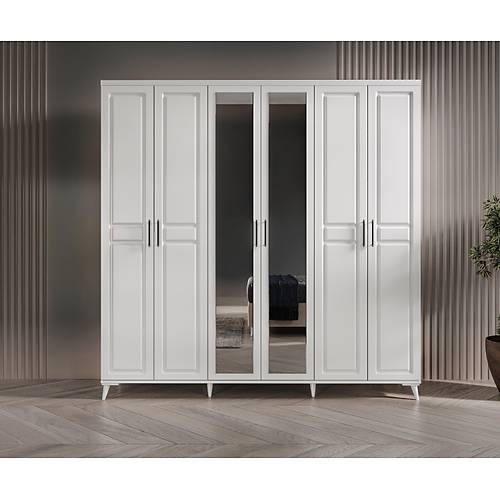 Seronay Lorin 6 Kapakl� Aynal� Beyaz Gard�rop