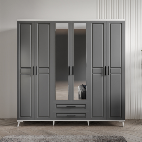 Seronay Mirea 6 Kapakl� Aynal� Antrasit-Beyaz Gard�rop