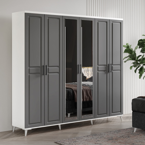 Seronay Lorin 6 Kapakl� Aynal� Antrasit-Beyaz Gard�rop