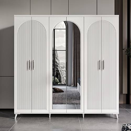 Seronay Neris 6 Kapakl� Aynal� Beyaz Gard�rop