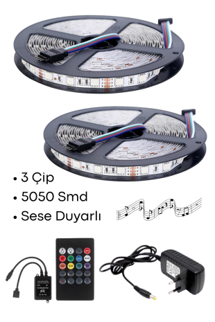 Sese Ve Müziğe Duyarlı RGB Led 10 Metre İç Mekan 5050 Smd 3 Çip Tak ...