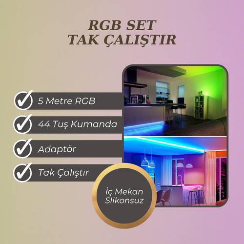 Rgb Led 5 Metre 3 Çip 44 Tuş Kumanda 5050 Smd Tak Çalıştır Set İç ve Dış Mekan