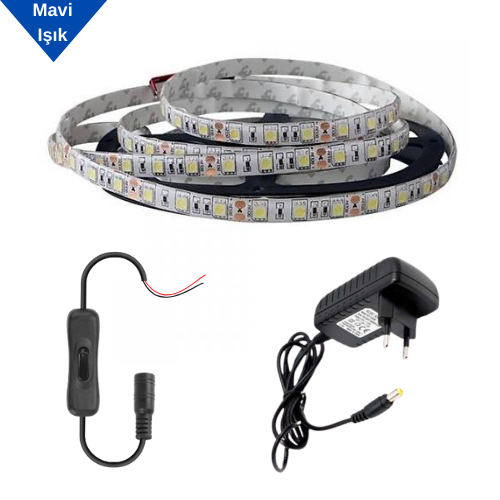 Şerit Led Mavi Işık Smd 5050 İç ve Dış Mekan 3 Çip Tak Çalıştır Set