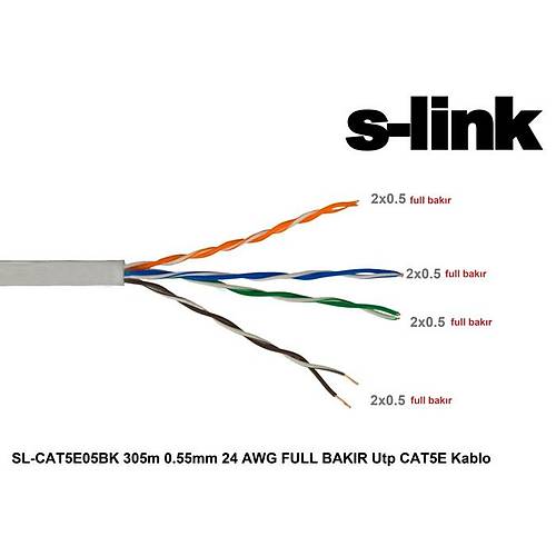 S-Link Sl-Cat5E05Bk 305M 0.5Mm 24 Awg Full Bakır Utp Cat5E Kablo