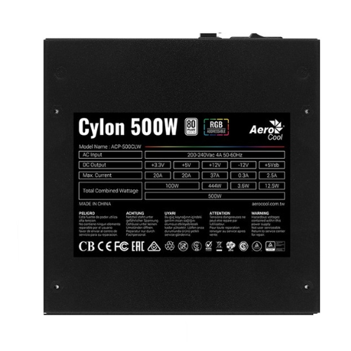 Aerocool 500W Cylon Ae-Cylnp500 12Cm Fan Aktif Pfc 80+ Power Supply (Psu) 2X (6+2Pin) Sata