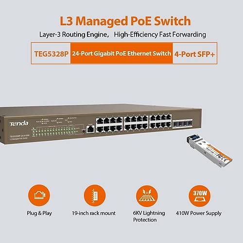 Tenda 24Port 410W Full Poe Teg5328P-24-410W G�gab�t 4X Sfp Y�netilebilir Switch Rackmount