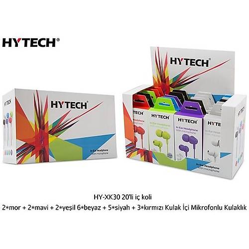 Hytech Hy-Xk30 20'Li  Koli + 2*Mor + 2*Mavi + 2*Yeil 6*Beyaz + 5*Siyah + 3*Krmz Kulak i Mikrofonlu Kulaklk