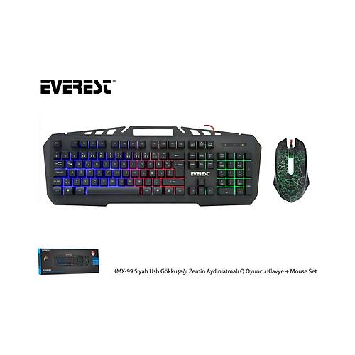 Everest Kmx-99 Siyah Usb G�kku�a�� Zemin Ayd�nlatmal� Q Oyuncu Klavye + Mouse Set