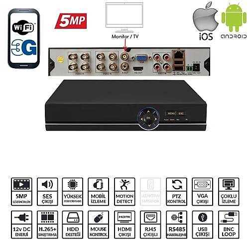 Ezcool Ez-8508Ahd 8Kanal 5Mp 4Ses 1Hdd Xmeye Xvr