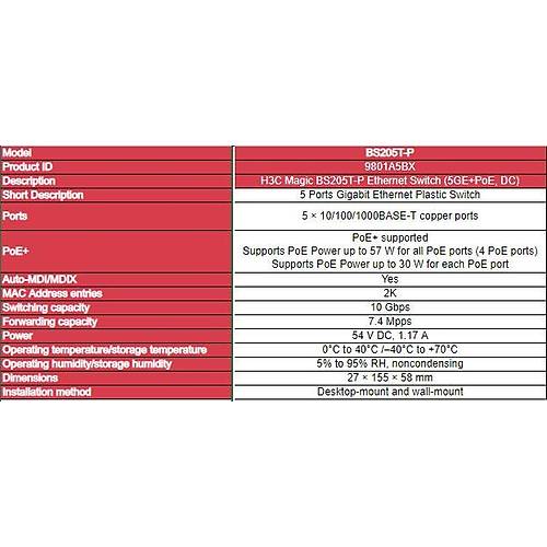 H3C Magic Bs205T-P 5 Port 10-100-1000 Y�netilemez Desktop 4 Port Poe 57W Metal Kasa Switch