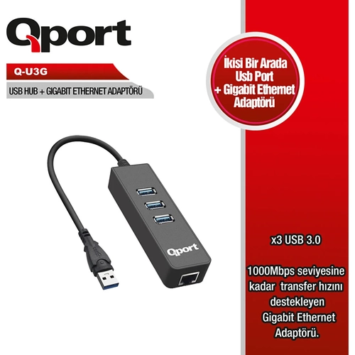 QPORT Q-U3G Gigabit 1port USB 3.0 Ethernet,3x USB Çoklayıcı