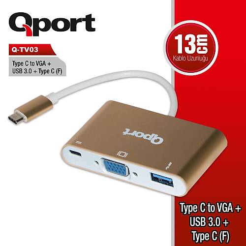 QPORT 0.15metre Q-TV03 Type-C   Vga Dii,USB,Type-C evirici Adaptr Gold 1080p