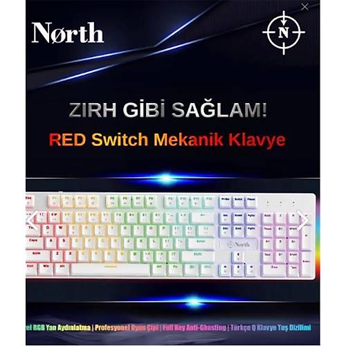 North Shield White Red Switch Trke Q RGB Beyaz Mekanik Gaming Klavye