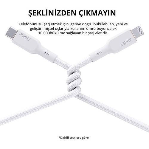 AUKEY CB-NCL1-WH NAYLON �RG�L� 3A 480MBPS TYPE-C LIGHTNING KABLOSU 1.8MT