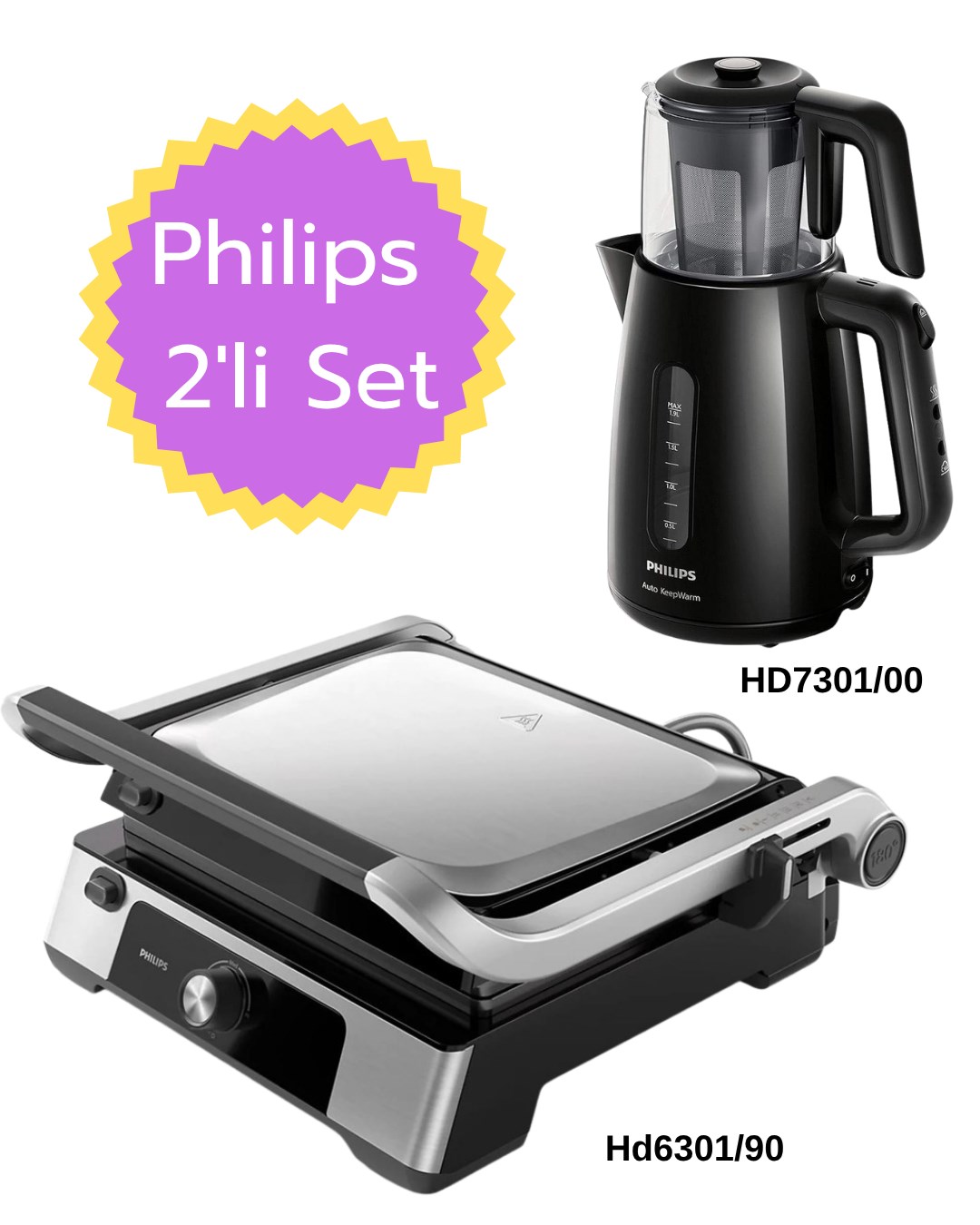 Philips HD6301/90 Tost Makinası + HD7301/00 Çay Makinası 2'Li Set