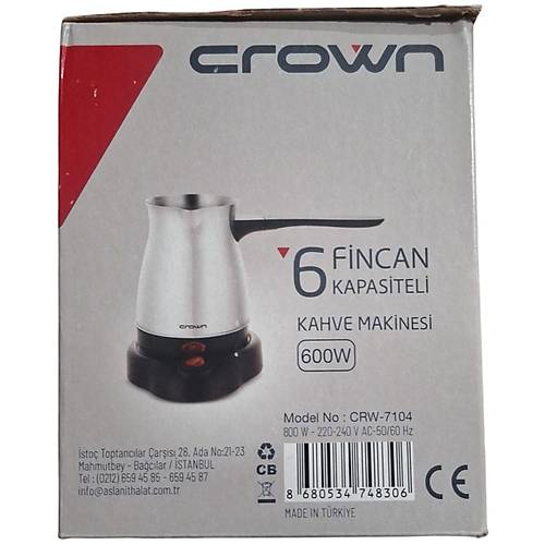 Crown CRW-7104 T�rk Kahve Makinesi 6 Fincan  Kapasiteli - 600 W