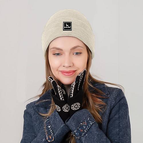 Unisex Bej Kışlık Bere Şapka Düz Logolu Yumuşak Triko Basic Akrilik Beanie