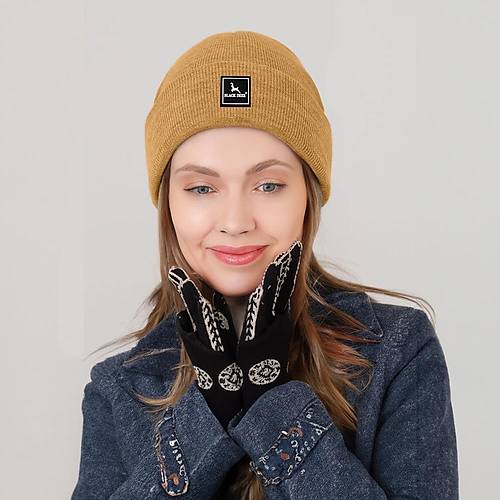 Unisex Stl Kahve Klk Bere apka Dz Logolu Yumuak Triko Basic Akrilik Beanie