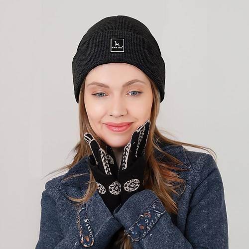 Unisex Siyah Klk Bere apka Dz Logolu Yumuak Triko Basic Akrilik Beanie