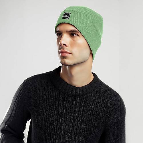 Unisex Yeil Klk Bere apka Dz Logolu Yumuak Triko Basic Akrilik Beanie