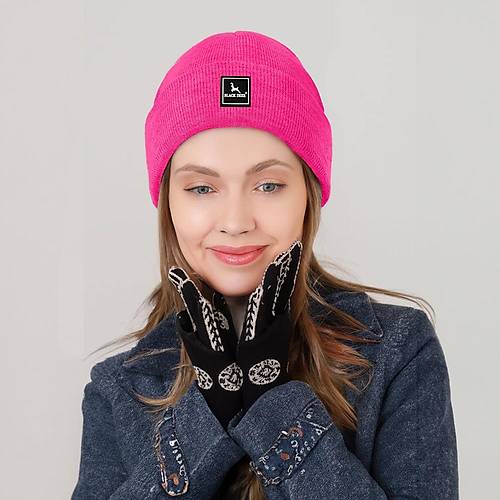 Unisex Pembe Klk Bere apka Dz Logolu Yumuak Triko Basic Akrilik Beanie